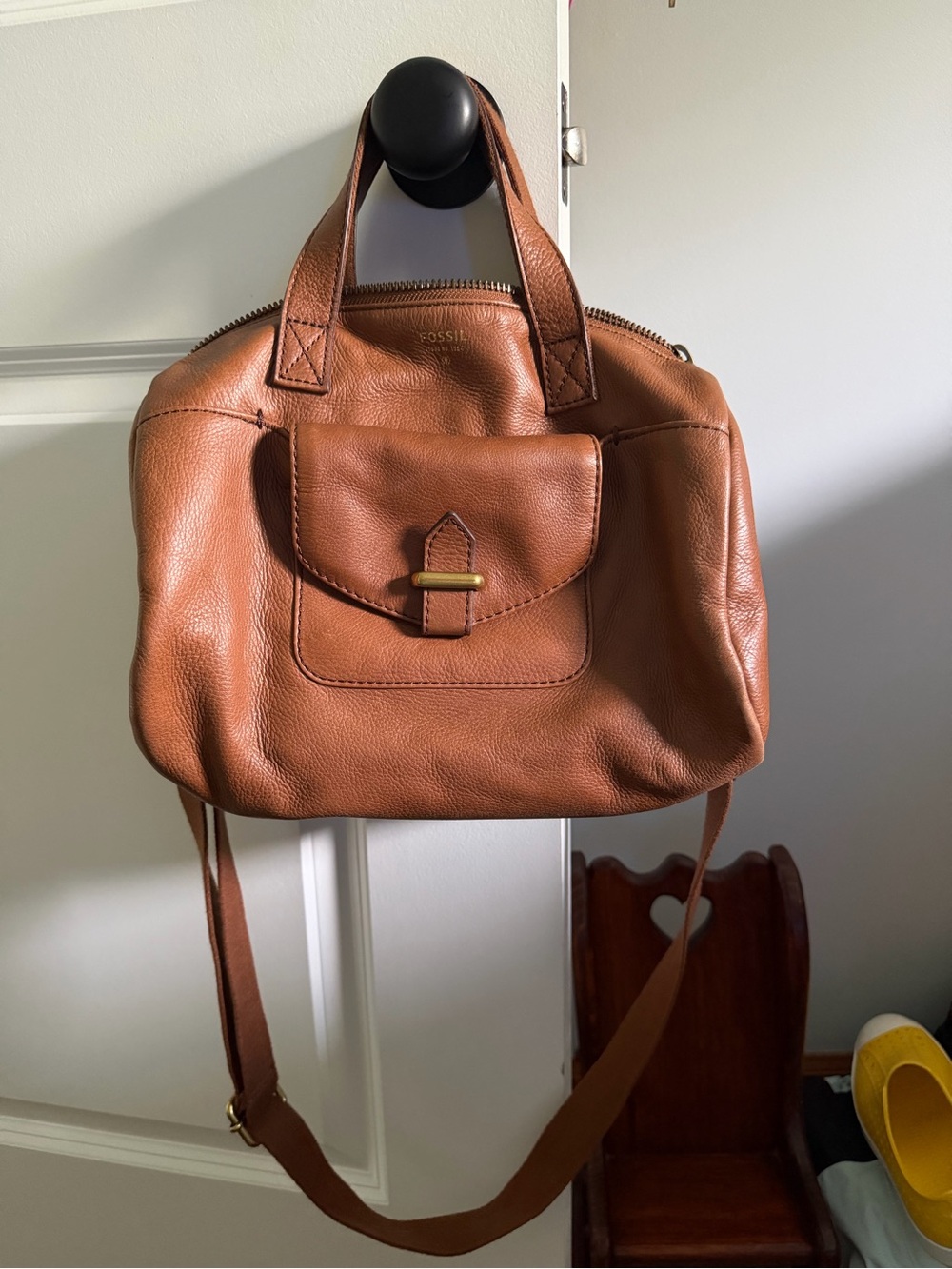 Fossil Tan Leather Dome Satchel with Crossbody Strap